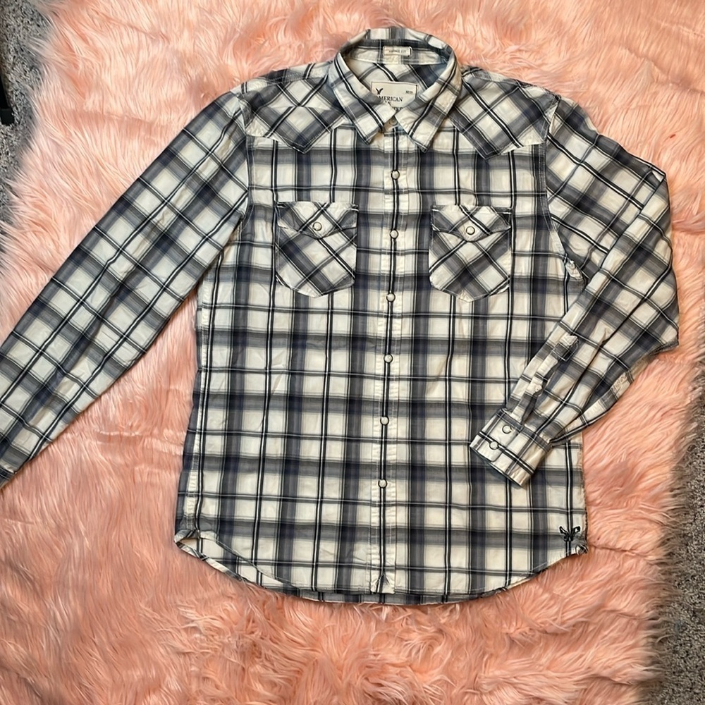 American Eagle Vintage Fit Long‎ Sleeve Metal Button Plaid Shirt Size Medium